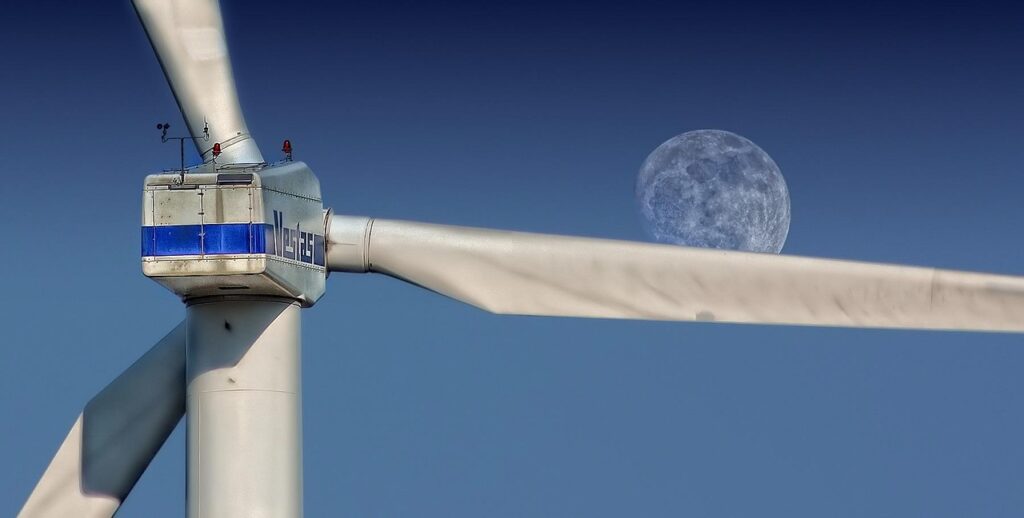 windmill, sky, moon, turbine, wind turbine, wind farm, wind power station, wind power plant, structure, pinwheel, wind energy, wind power, environmental technology, night sky, nature, wind park, renewable energy